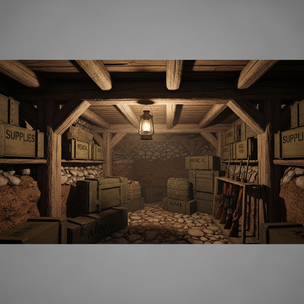 Photorealistic interior view of hidden underground DayZ bunker, wooden support beams reinforcing earthen walls, military storage crates stacked systematically, hanging lantern casting warm glow, small weapon rack visible, realistic survival game lighting