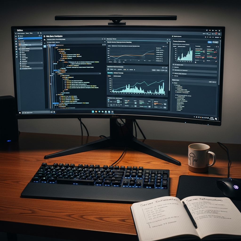 Photorealistic over-the-shoulder view of a developer's workspace showing a large curved monitor displaying S&Box server configuration files and performance monitoring tools, with a mechanical keyboard, coffee cup, and notebook with handwritten optimization notes visible on a dark wooden desk