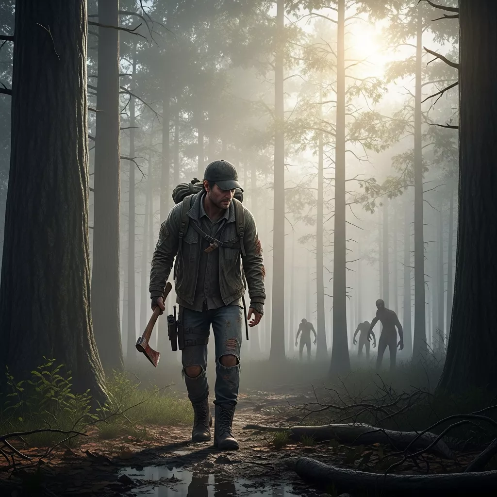 Photorealistic screenshot of a DayZ survivor navigating a dense misty forest at dawn, wearing tattered clothing and carrying minimal gear, with infected silhouettes visible in the background, emphasizing the harsh survival atmosphere created by hardcore mods