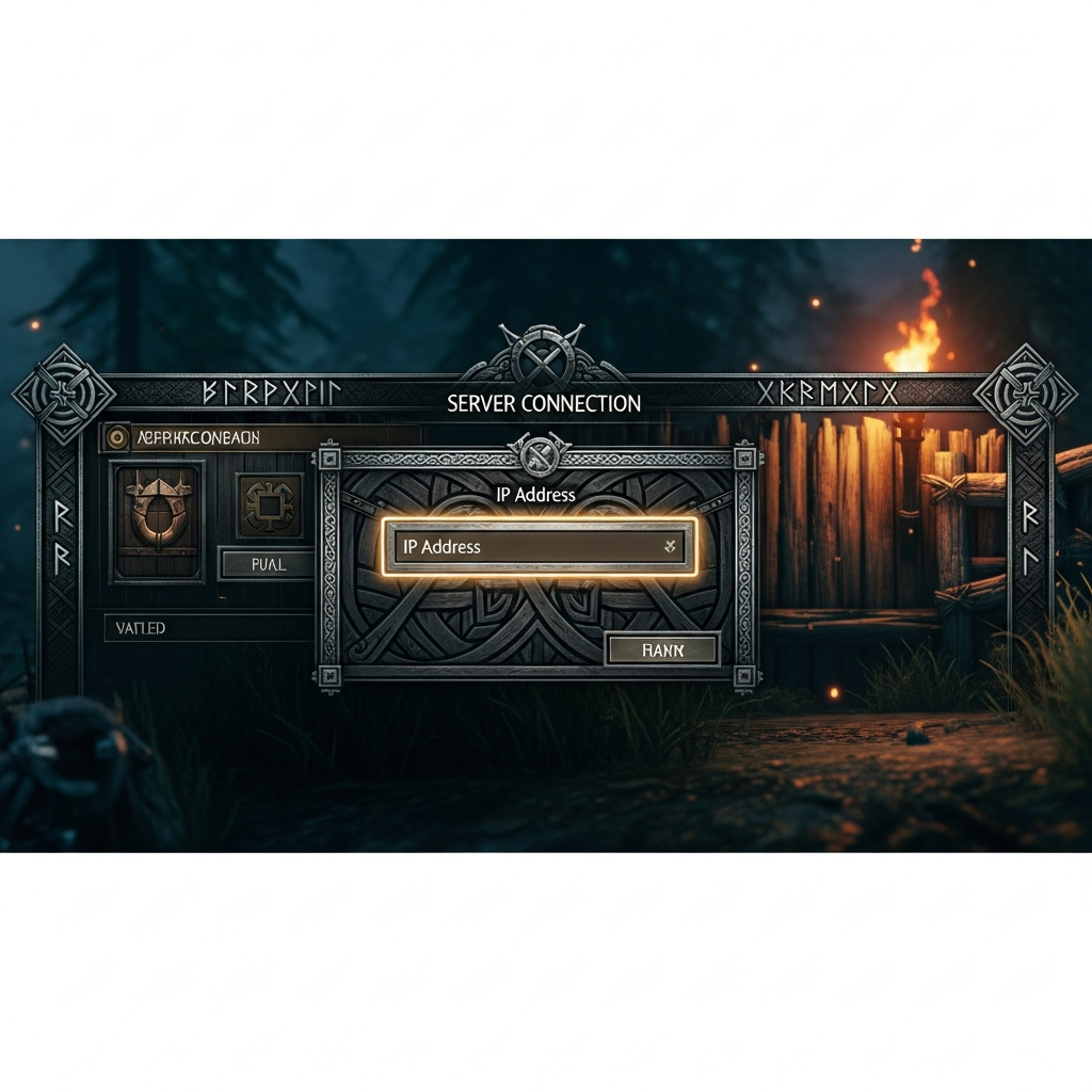 Photorealistic screenshot of a Valheim game interface showing server connection dialog box with IP address field highlighted, Nordic-themed UI elements visible, dark atmospheric background with torchlight