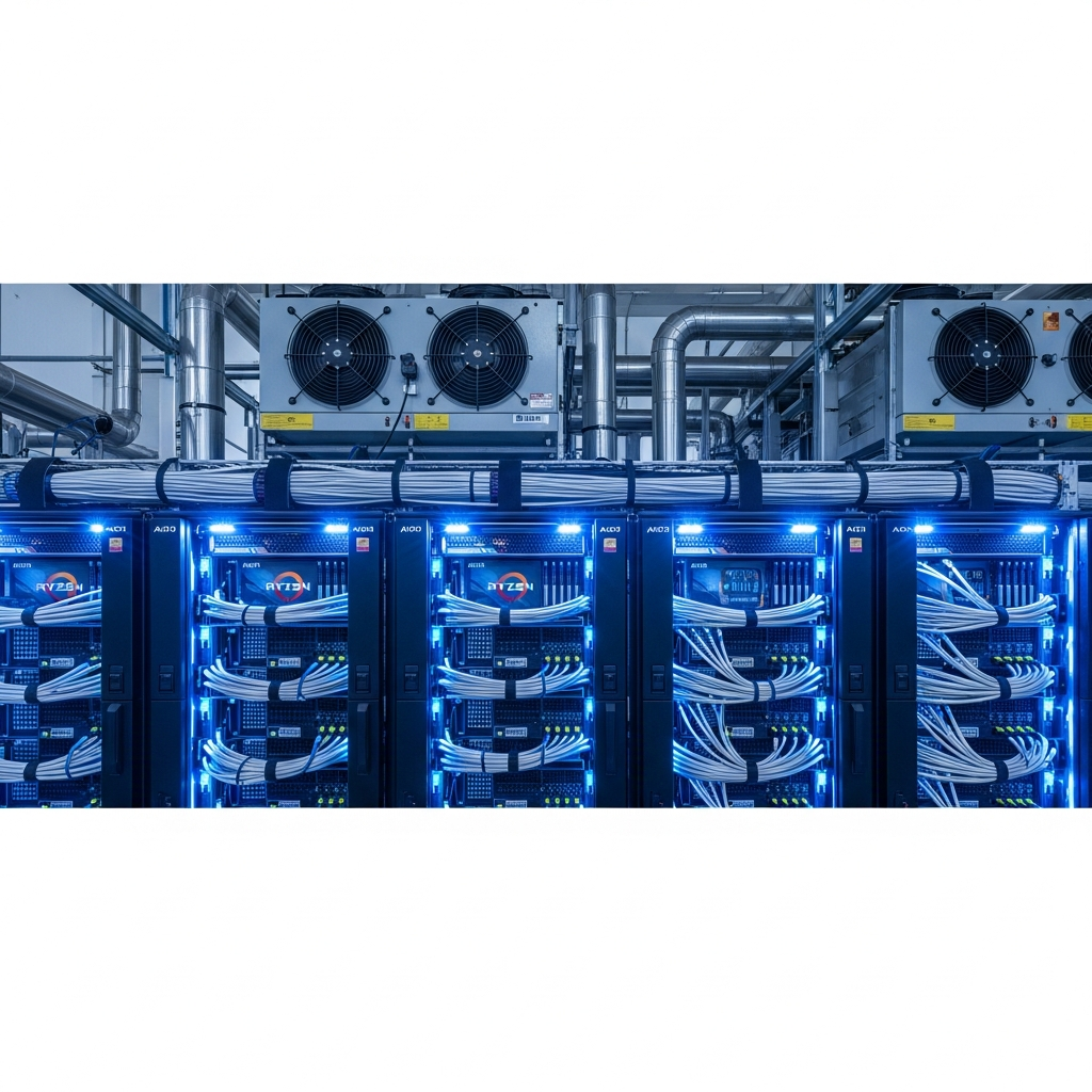 Photorealistic server rack in modern data center with blue LED lights, showing AMD Ryzen processors and DDR5 RAM modules mounted in blade servers, cables neatly organized, industrial cooling systems visible in background