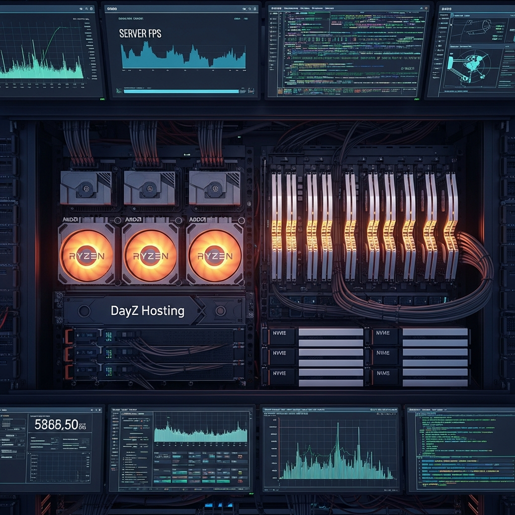 Photorealistic top-down view of a high-tech server rack with glowing AMD Ryzen processors, DDR5 RAM modules with heat spreaders, and NVMe SSD drives labeled for DayZ hosting, surrounded by monitoring screens displaying real-time server FPS and network graphs in a modern data center environment