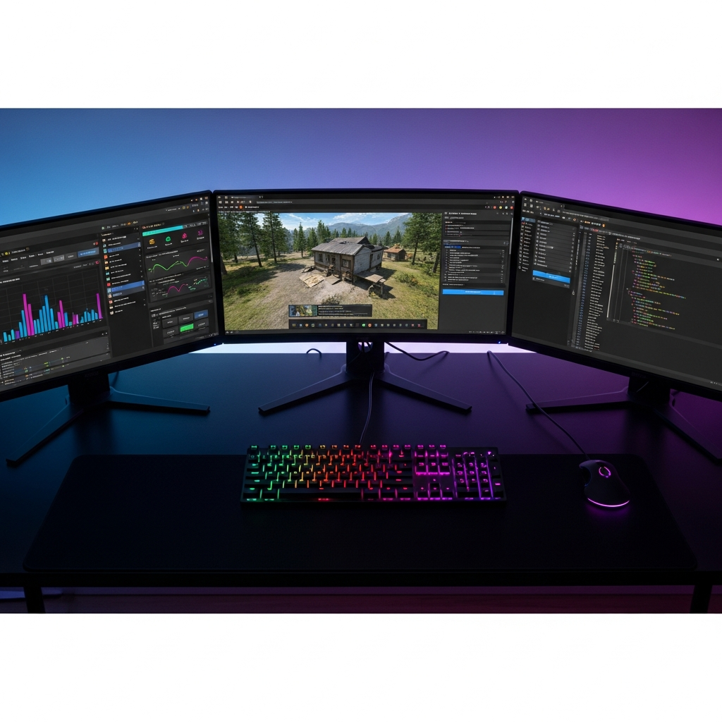 Professionelle Draufsicht auf einen beleuchteten Gaming-Schreibtisch mit drei Monitoren, die verschiedene FiveM-Server-Management-Interfaces zeigen: links Performance-Graphen, Mitte FiveM-Spielansicht mit Roleplay-Szenario, rechts Code-Editor mit server.cfg-Datei, mechanische RGB-Tastatur im Vordergrund