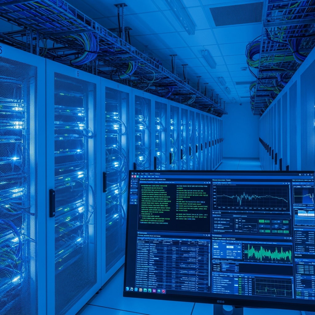 Professionelles Rechenzentrum mit beleuchteten Server-Racks, im Vordergrund ein Monitor mit Linux-Terminal und Monitoring-Dashboards, technische Atmosphäre mit bläulichem Licht und sichtbaren Netzwerkkabeln