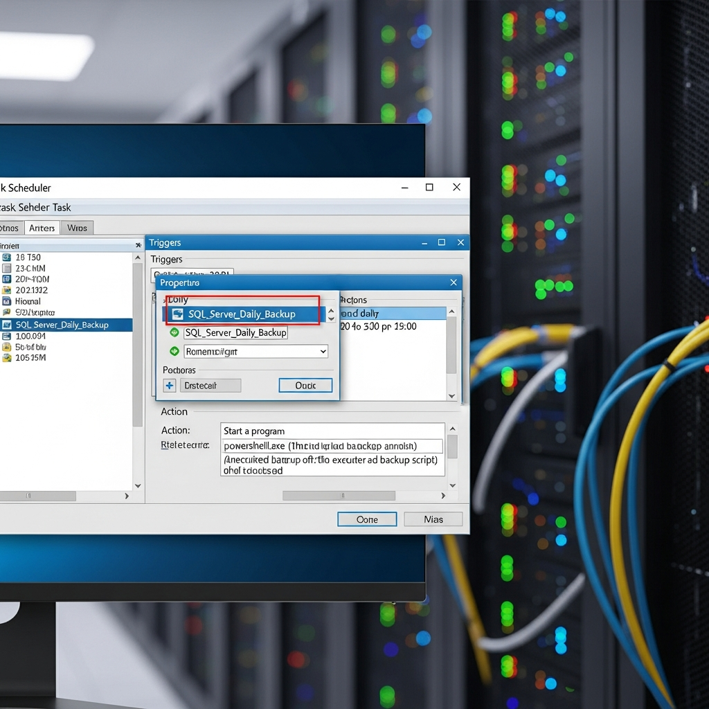 Programador de tareas de Windows Server mostrando una tarea configurada para backup automático de SQL Server, con la ventana de propiedades abierta mostrando desencadenadores diarios y acciones de script PowerShell, interfaz nativa de Windows con fondo de datacenter profesional