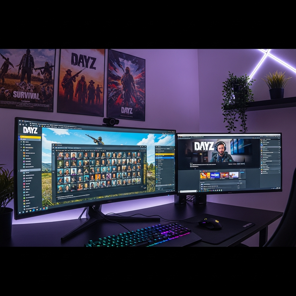 Realistische Aufnahme eines modern eingerichteten Gaming-Zimmers, großer 32-Zoll-Curved-Monitor zeigt buntes DayZ-Server-Listing mit vielen Spielern online, daneben ein zweiter Monitor mit geöffnetem Twitch-Stream eines bekannten DayZ-Streamers, RGB-beleuchtetes Keyboard und Maus im Vordergrund, an der Wand Poster von DayZ und Survival-Games, gemütliche Atmosphäre mit LED-Stripes und Pflanzen
