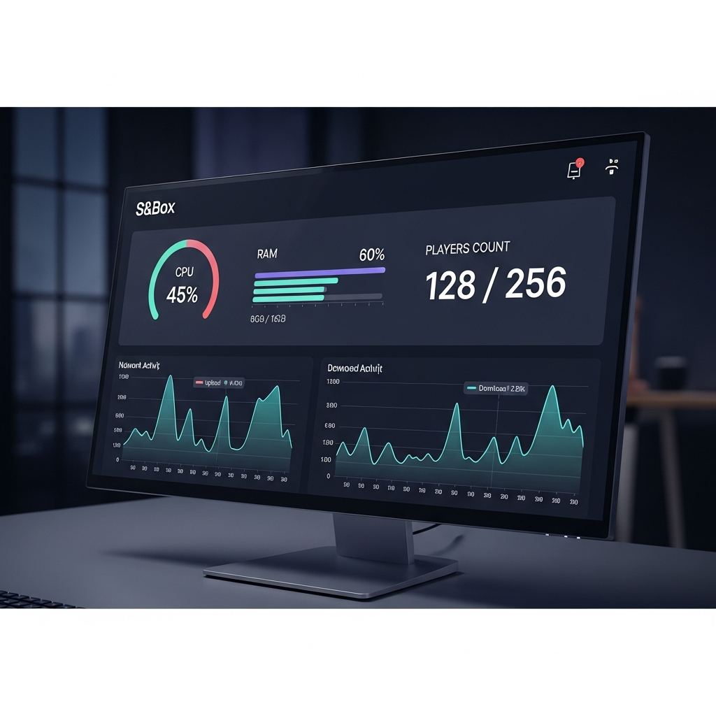 Realistisches Bild eines Admin-Dashboards auf einem Monitor, das Live-Statistiken eines S&Box-Servers zeigt: CPU-Auslastung, RAM-Nutzung, Spieleranzahl und Netzwerk-Grafiken in modernem UI-Design