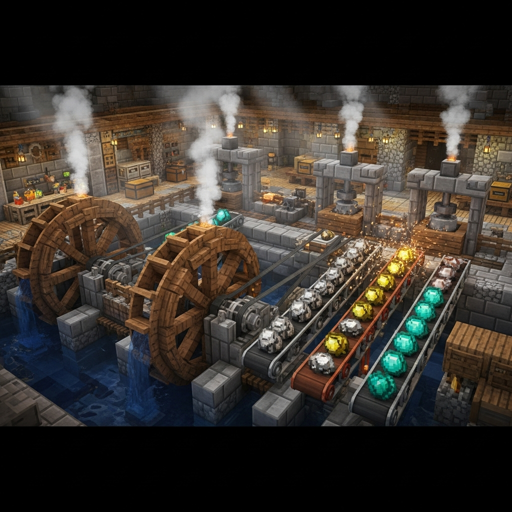Rendu 3D photoréaliste d'un atelier Minecraft avec des machines du mod Create en fonctionnement (roues hydrauliques, convoyeurs transportant des minerais, presseurs actifs), éclairage dynamique et particules de vapeur, style réaliste haute résolution