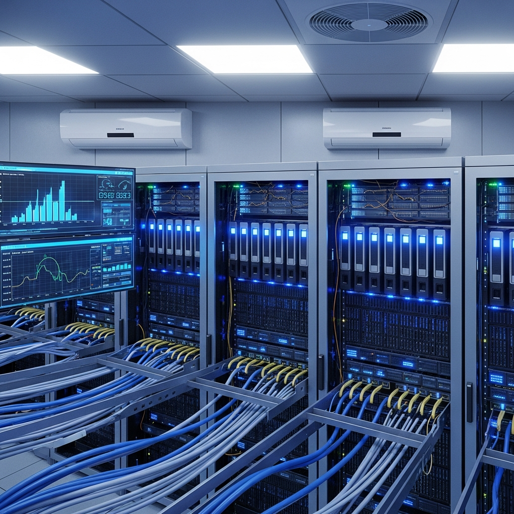 Rendu photoréaliste en vue subjective d'une salle serveur moderne, montrant des racks 42U avec serveurs blade éclairés par LED bleues, câbles réseau organisés en chemin de câbles, écrans de monitoring affichant des graphiques de charge CPU et RAM en temps réel, climatisation visible en arrière-plan, ambiance professionnelle aux tons métalliques et bleus