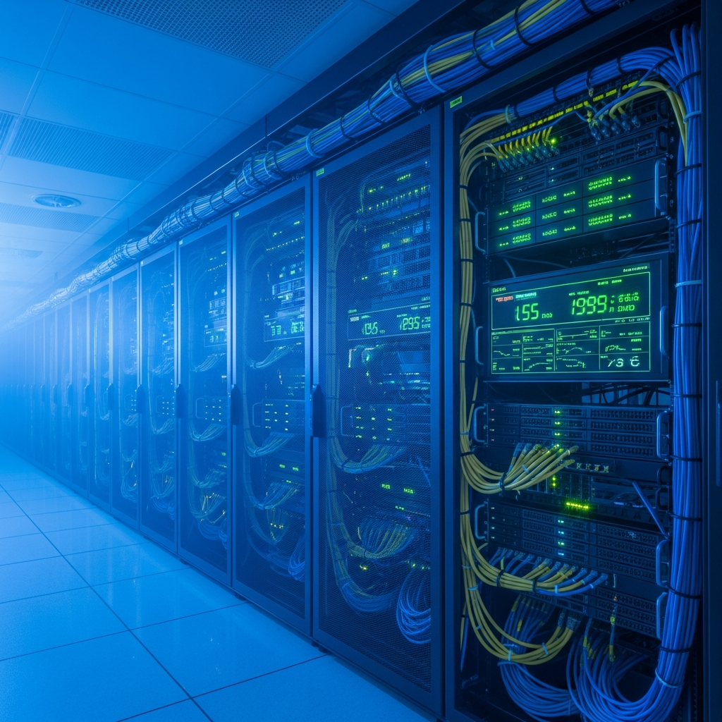 Sala de servidores datacenter profesional con racks iluminados en azul, cables de red ordenados, paneles LED mostrando métricas en tiempo real de CPU y red, ambiente tecnológico fotorrealista