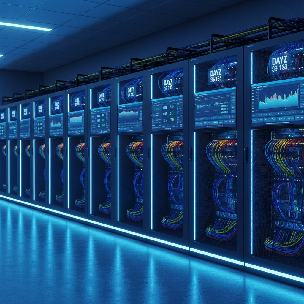 Sala de servidores moderna con racks iluminados en azul neón, cables organizados y monitores mostrando métricas de rendimiento en tiempo real de un servidor DayZ, ambiente tecnológico profesional