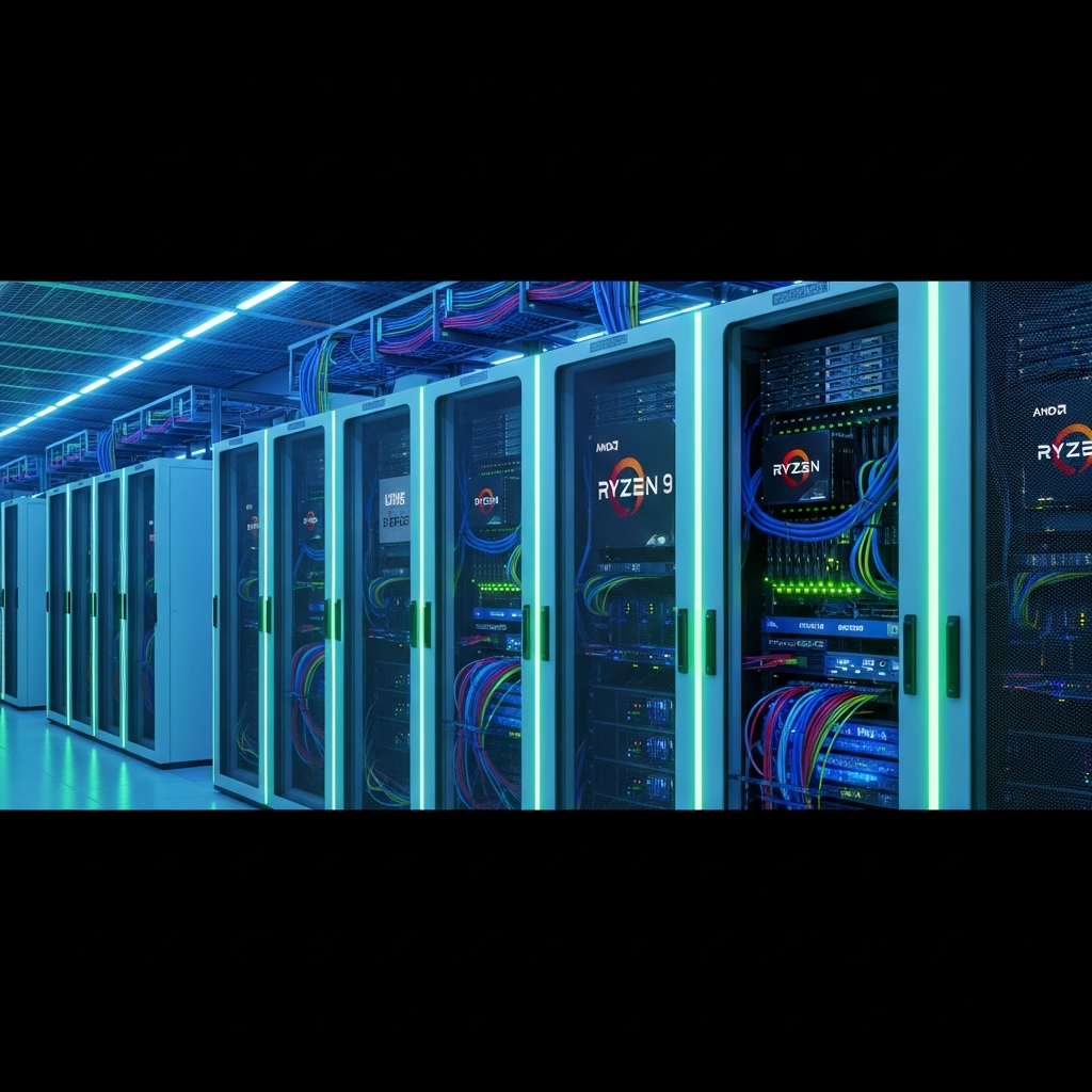 Sala de servidores moderna con racks iluminados por luces LED azules y verdes, mostrando equipos de alta gama con procesadores AMD Ryzen 9 y módulos RAM DDR5 visibles, ambiente tecnológico futurista con cables de red organizados