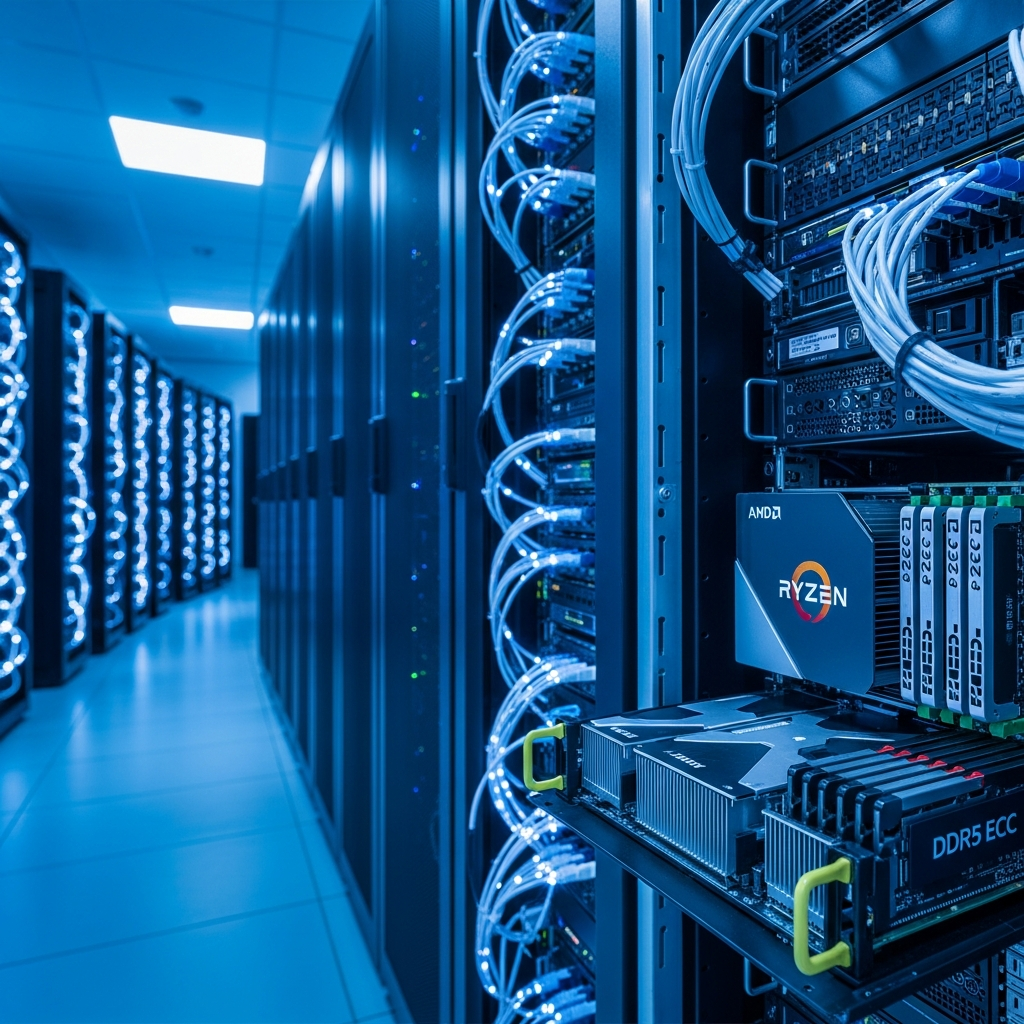 Sala de servidores profesional con racks iluminados en azul, mostrando procesadores AMD Ryzen 9 7950X3D y módulos RAM DDR5 ECC en primer plano, ambiente tecnológico futurista con cables de fibra óptica organizados