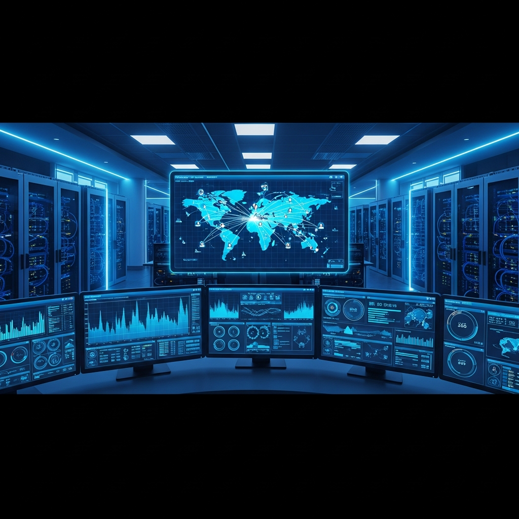 Salle de contrôle futuriste avec écrans affichant des graphiques de performance serveur en temps réel, racks de serveurs avec éclairage LED bleu, carte du monde montrant les connexions joueurs, ambiance technologique professionnelle, photoréaliste