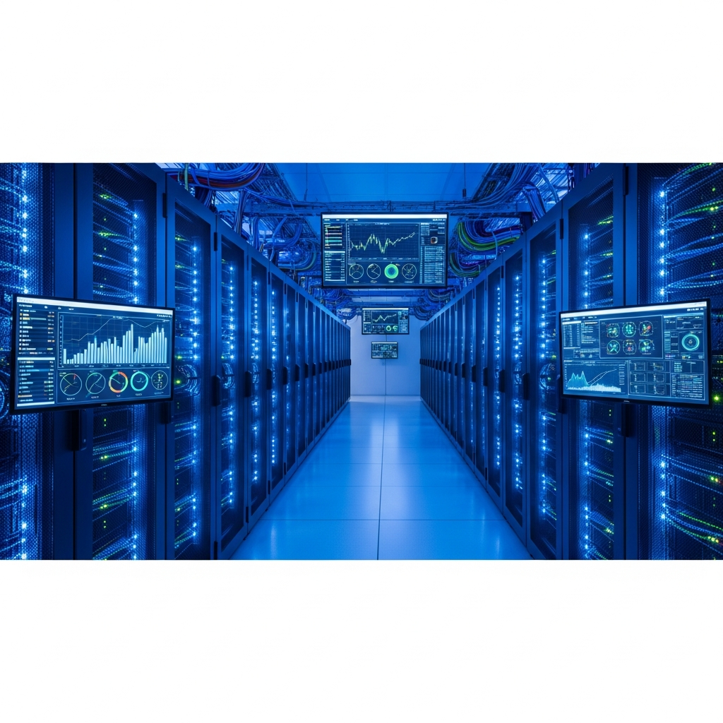 Salle de datacenter moderne avec rangées de serveurs rack éclairés en bleu, câbles réseau organisés, écrans de monitoring affichant des graphiques de performance en temps réel, ambiance high-tech et professionnelle