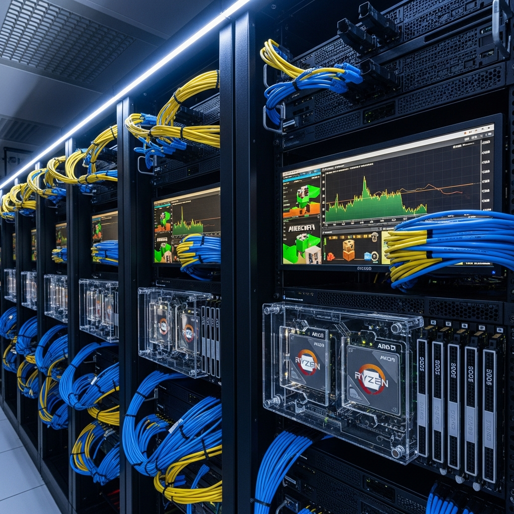 Salle serveur moderne ultra-détaillée avec racks noirs alignés, câbles réseau bleus et jaunes parfaitement ordonnés, éclairage LED blanc-bleu froid, processeurs AMD Ryzen visibles à travers des panneaux transparents, modules RAM DDR5 avec dissipateurs thermiques argentés, écrans affichant des graphiques de performance Minecraft en temps réel, atmosphère professionnelle et high-tech