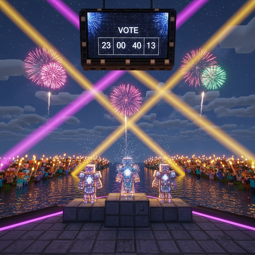 Scène de prime finale photoréaliste en vue subjective : podium Minecraft éclairé de projecteurs violets et dorés, trois candidats en armure enchantée étincelante debout face à une foule de joueurs agitant des torches, écran géant suspendu affichant un décompte de votes en temps réel, feux d'artifice multicolores explosant dans le ciel nocturne étoilé, shaders SEUS PTGI activés