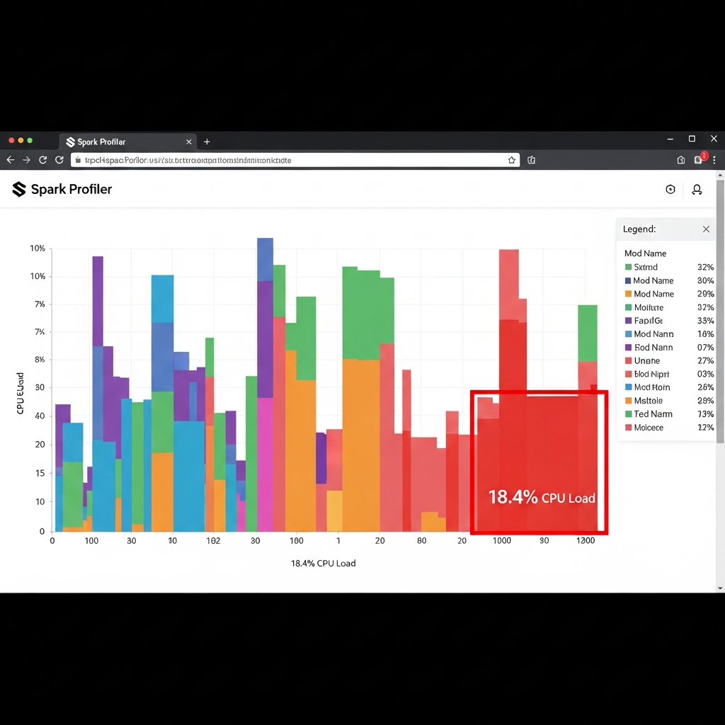 Screenshot eines Spark-Profiler-Reports im Browser, zeigt eine übersichtliche Flamegraph-Darstellung mit verschiedenen Mod-Namen in bunten Blöcken, der größte Block ist rot markiert und zeigt 18.4% CPU-Last, daneben eine Legende mit Mod-Namen und Prozentangaben, professionelles Webinterface-Design