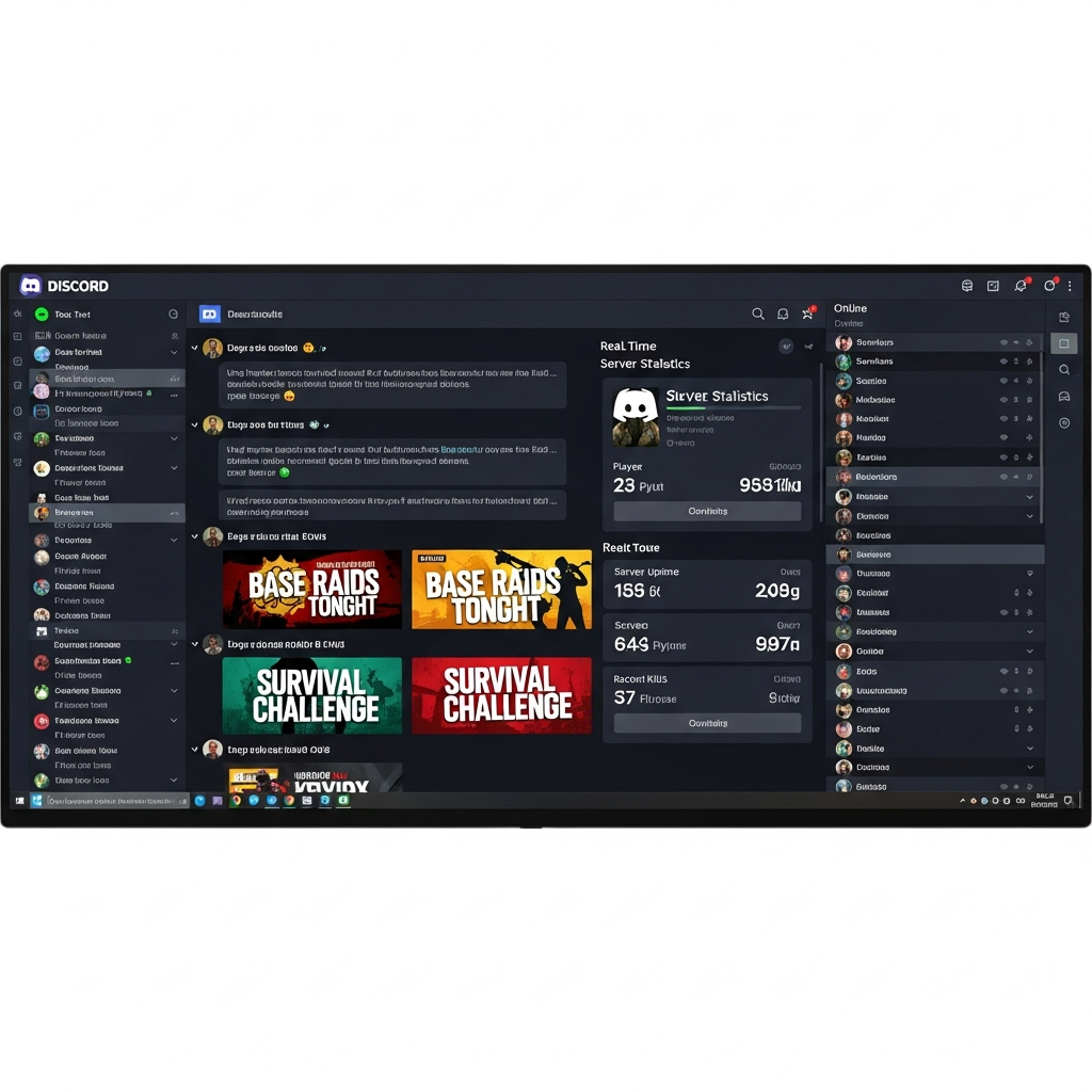 Screenshot photoréaliste d'un serveur Discord DayZ très actif, montrant plusieurs canaux de discussion, des annonces d'événements colorées, des statistiques de serveur en temps réel et une liste de membres en ligne, interface Discord moderne sur écran large