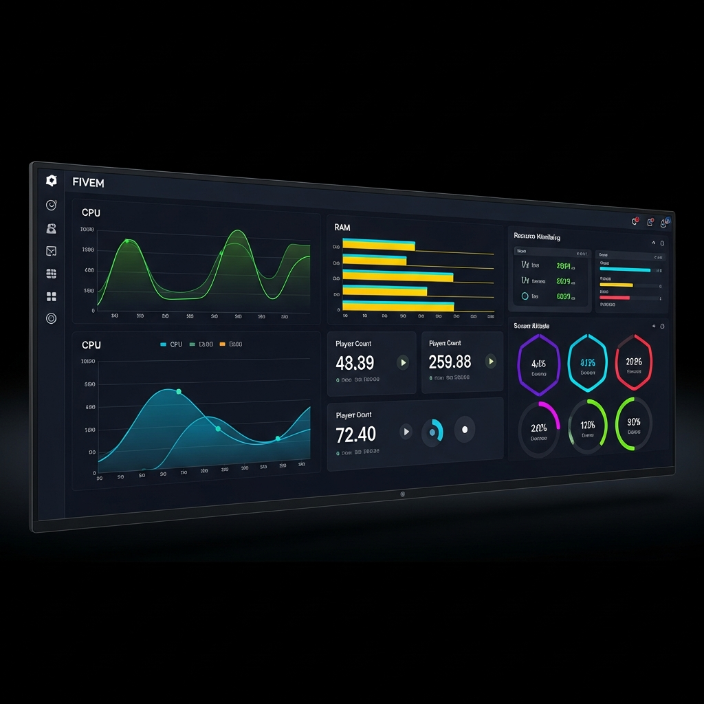 Sleek modern control panel dashboard on a large 4K monitor showing real-time FiveM server metrics, CPU usage graphs, RAM allocation bars, player count indicators, and colorful resource monitoring widgets in a dark-themed interface