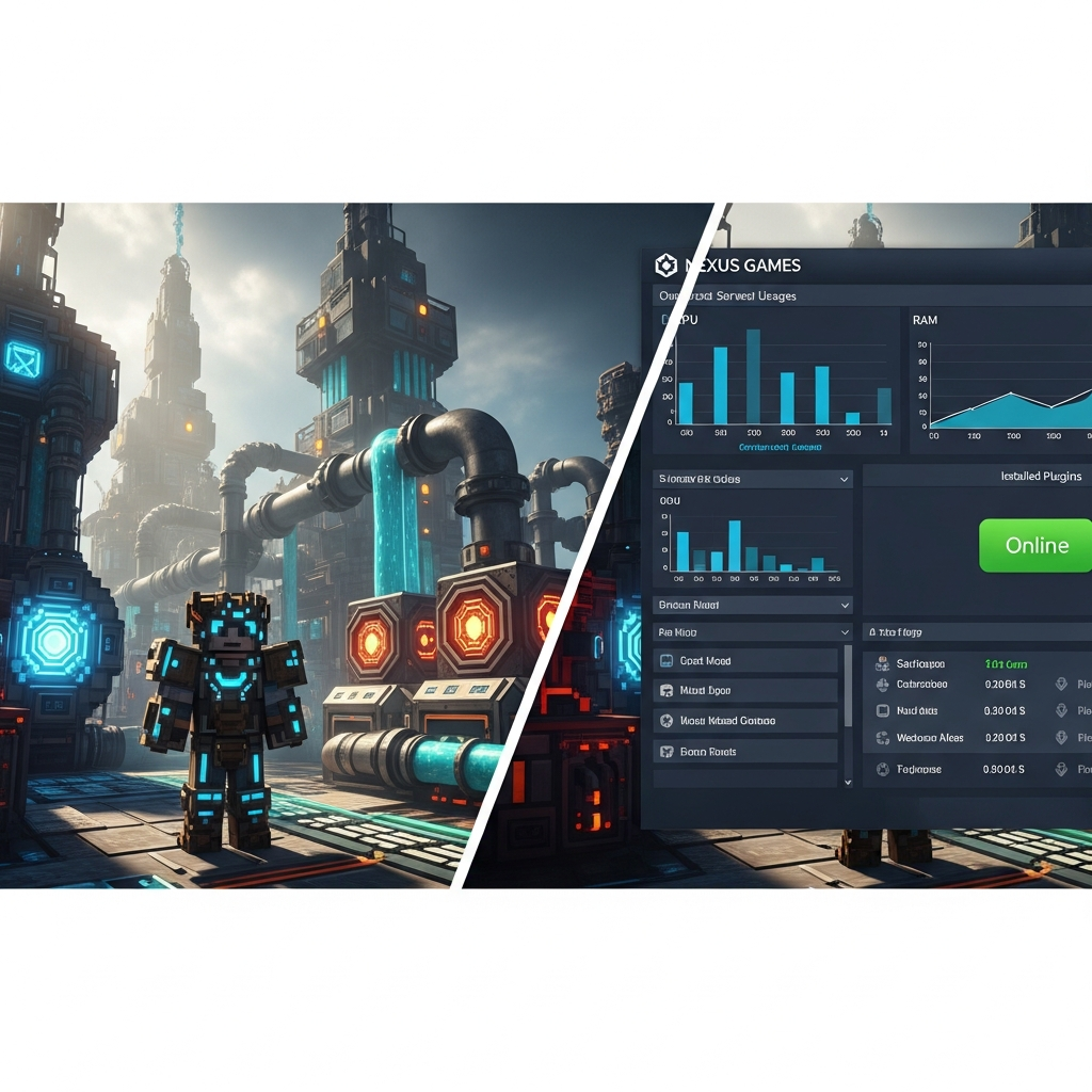 Split-Screen-Ansicht: Links ein Minecraft-Spieler in einer detaillierten Modpack-Welt mit Maschinen und Pipes, rechts das Nexus Games Server-Panel mit CPU/RAM-Grafiken, Plugin-Liste und einem grünen Status-Indikator