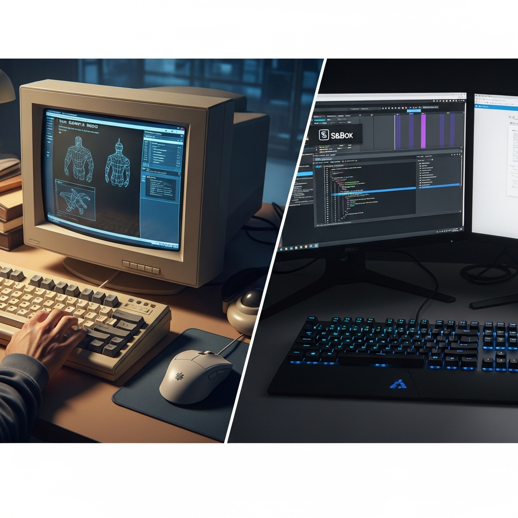 Split-screen photorealistic workspace scene, left side showing developer typing Lua code on vintage monitor with Garry's Mod assets visible, right side showing modern developer using dual 4K monitors with Visual Studio C# IDE displaying S&Box code, ambient office lighting, ultrarealistic keyboard and mouse details