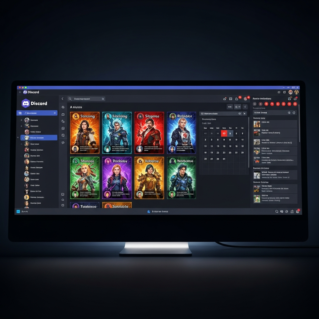 Tableau de bord Discord sur écran d'ordinateur montrant channels organisés, fiches de personnages colorées, calendrier d'événements RP et notifications actives dans une interface moderne