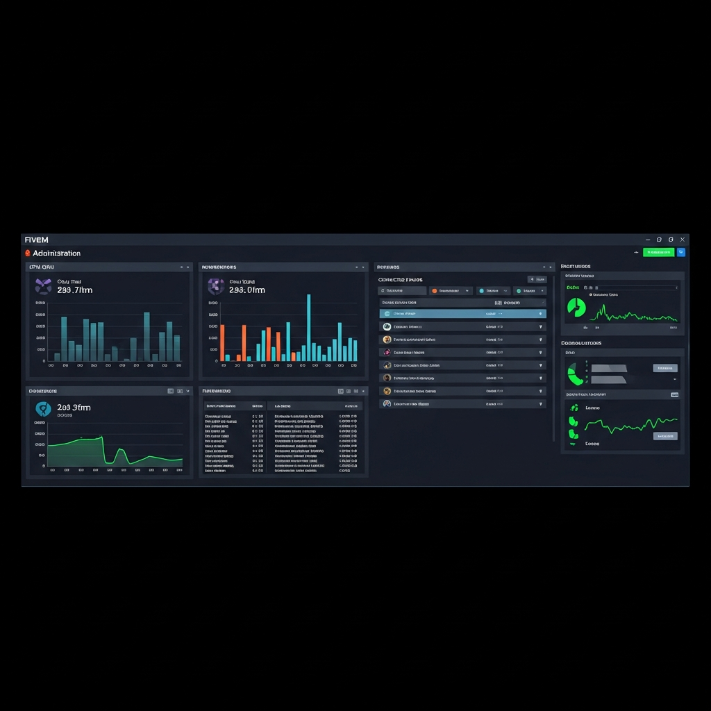 Tableau de bord d'administration FiveM moderne affichant graphiques de performance CPU et RAM en temps réel, liste de joueurs connectés, console de logs défilants et indicateurs réseau verts, interface sombre professionnelle avec widgets colorés
