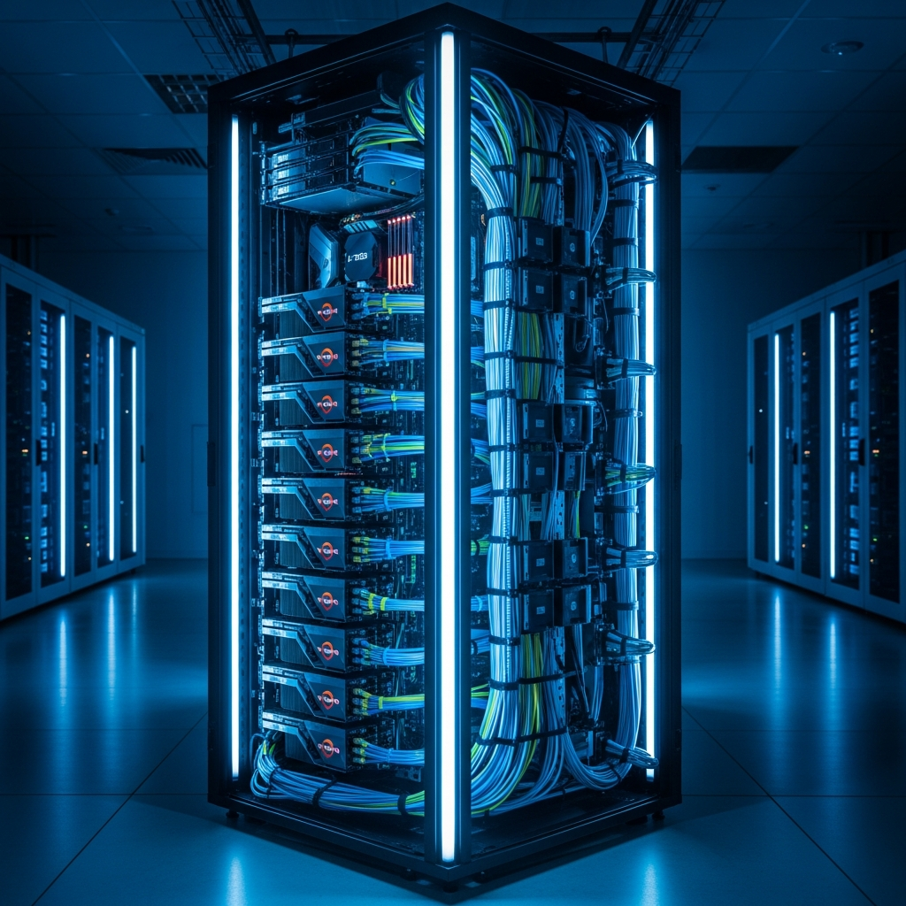 Ultra-modern server rack with glowing blue LED strips and AMD Ryzen processors visible through transparent panels, fiber optic cables neatly organized, emphasizing high-performance gaming infrastructure in a clean datacenter environment