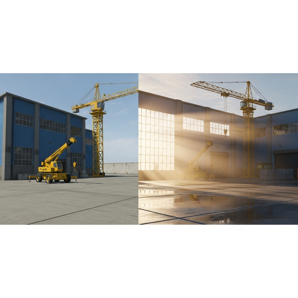 Ultra-realistic comparison screenshot showing identical sandbox scene rendered in both engines, left half displaying Garry's Mod's flat lighting and low-resolution textures on gm_construct map, right half showing S&Box version with ray-traced reflections on wet concrete, volumetric god rays through windows, and photorealistic PBR materials, golden hour lighting