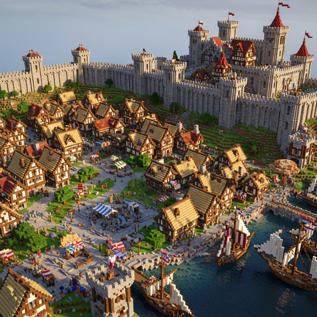 Vista aérea fotorrealista de una ciudad medieval masiva construida en Minecraft con mods, mostrando castillo de piedra con torres, murallas defensivas, aldea con casas de madera y paja, caminos empedrados, mercado central con tiendas, puerto con barcos, todo renderizado con shaders realistas, iluminación de atardecer cálida, sombras dinámicas y detalles arquitectónicos impresionantes