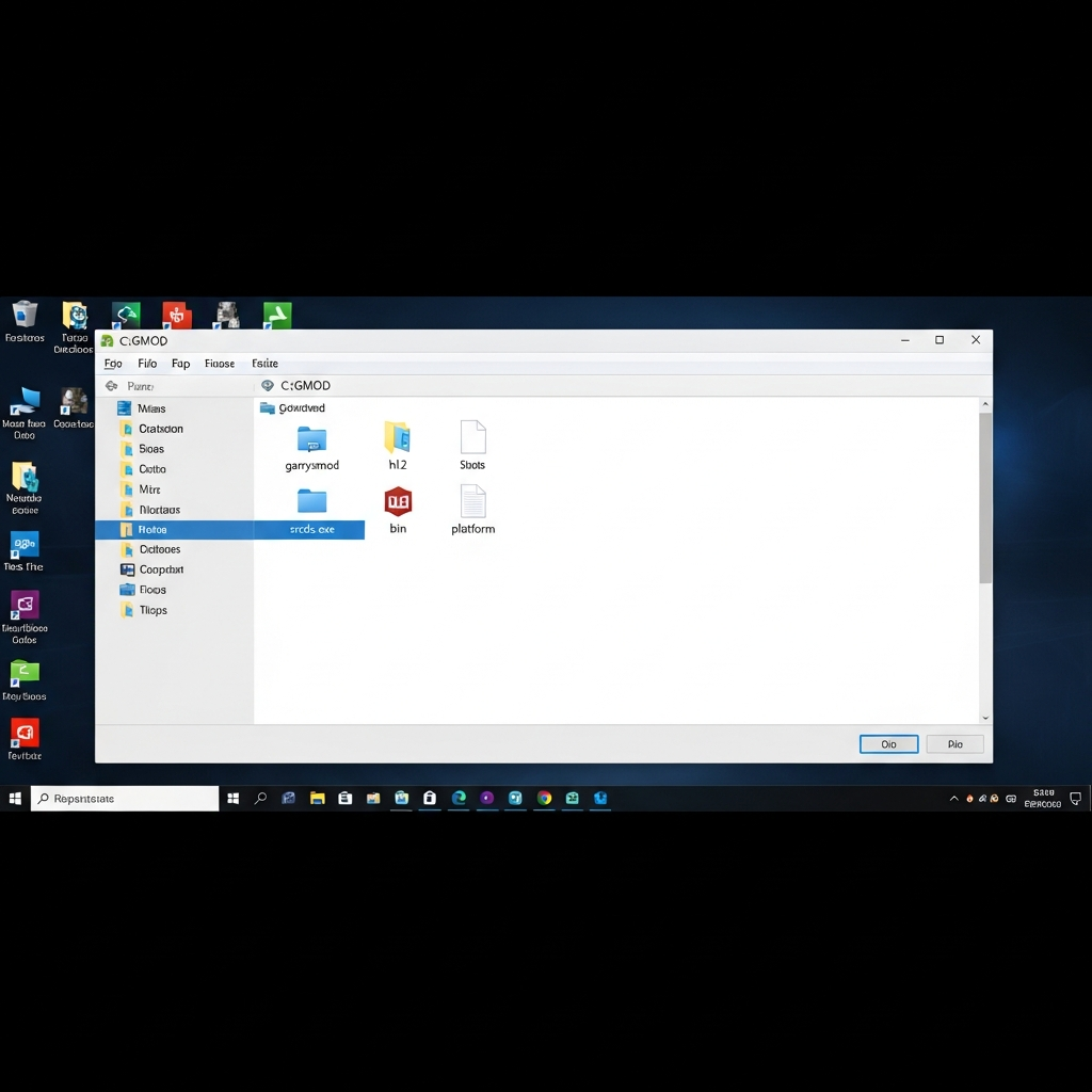 Vista de la interfaz gráfica del Explorador de archivos de Windows mostrando la carpeta C:\GMOD con las subcarpetas garrysmod, hl2, bin y platform claramente visibles, junto con el archivo srcds.exe destacado, fondo de escritorio oscuro con iconos ordenados y taskbar visible en la parte inferior