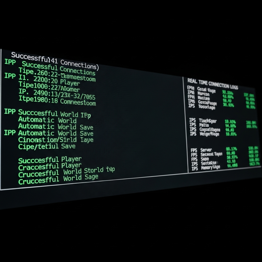 Vista detallada de consola de servidor Valheim en ejecución mostrando logs de conexión en tiempo real, con líneas de texto indicando jugadores conectándose exitosamente con sus IPs, timestamps precisos, mensajes de world save automático y estadísticas de rendimiento como FPS del servidor y uso de memoria, fondo oscuro estilo terminal con texto en verde fosforescente