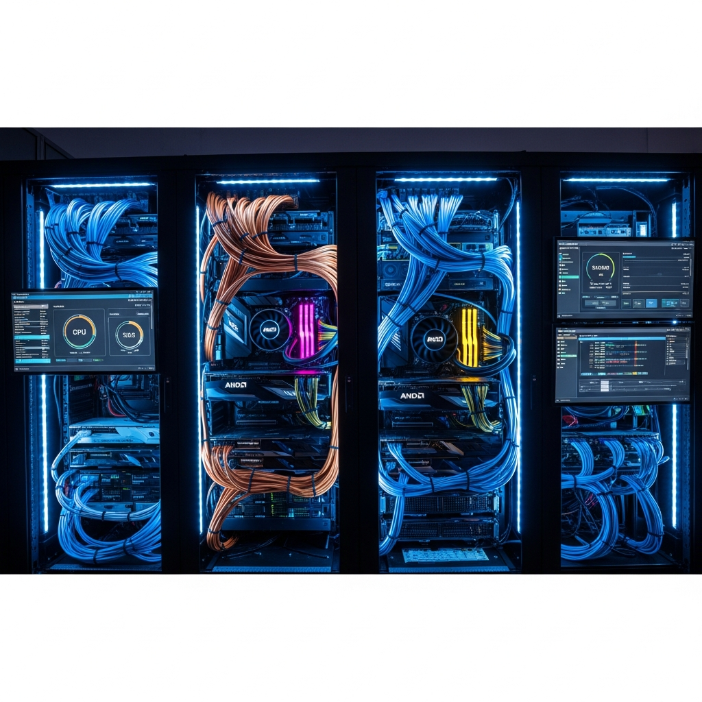 Vista fotorrealista de un servidor rack moderno con luces LED azules, cables de red organizados, hardware gaming de alta gama, procesadores AMD visibles y pantallas mostrando métricas de rendimiento en tiempo real, ambiente tecnológico profesional