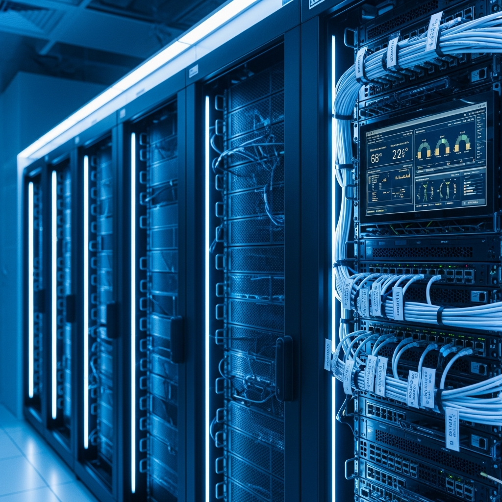 Vista lateral de un rack de servidores profesional en un centro de datos moderno, con servidores montados en bastidor iluminados con LEDs azules, cables de red organizados con etiquetas, pantalla de monitoreo mostrando métricas de rendimiento y temperatura, ambiente tecnológico con iluminación LED fría y aspecto futurista y limpio