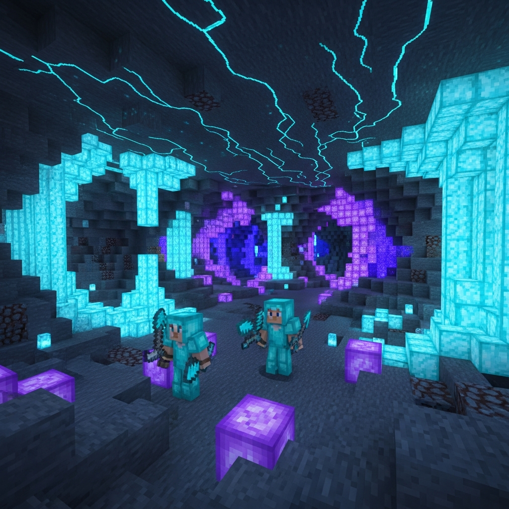 Vista panorámica fotorrealista de las Cavernas de Cristal Resonante de Minecraft 2026, mostrando formaciones cristalinas bioluminiscentes de colores azul y violeta que iluminan túneles profundos, con jugadores explorando en primer plano equipados con armaduras de diamante y herramientas especializadas, reflejos de luz en superficies de cristal pulido y vetas minerales visibles en las paredes rocosas