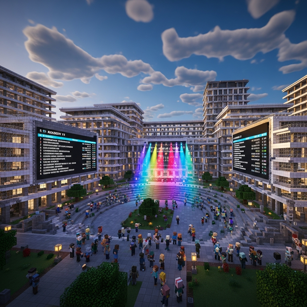 Vue aérienne photoréaliste d'un immense campus Minecraft style académie moderne, avec dortoirs en verre et acier, scène centrale illuminée de projecteurs RGB, panneaux d'affichage géants affichant des classements, dizaines de joueurs en skin personnalisé rassemblés devant l'amphithéâtre, ciel crépusculaire avec shaders haute définition