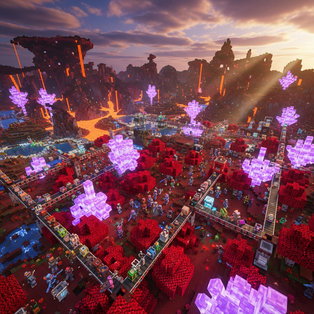 Vue aérienne photoréaliste d'un vaste serveur Minecraft 2026 montrant les nouveaux biomes du Nether en arrière-plan, avec des joueurs explorant une forêt pourpre dense parsemée de cristaux lumineux, des convoyeurs de redstone automatisés au premier plan et un ciel teinté de violet, rendu en haute résolution avec éclairage volumétrique