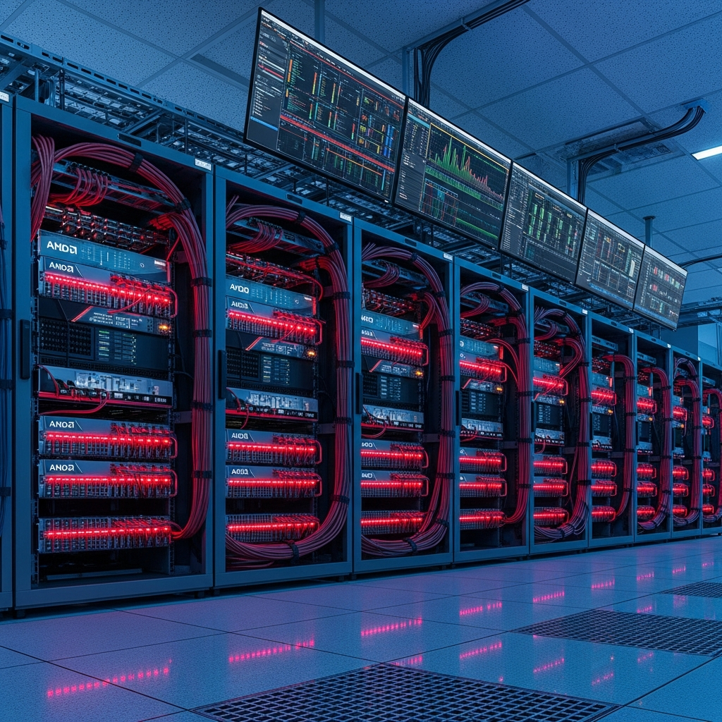 Vue détaillée photoréaliste d'une salle serveur moderne avec racks contenant des processeurs AMD Ryzen 9 illuminés en rouge, câbles réseau organisés, écrans de monitoring affichant des métriques de performance en temps réel, éclairage bleuté professionnel