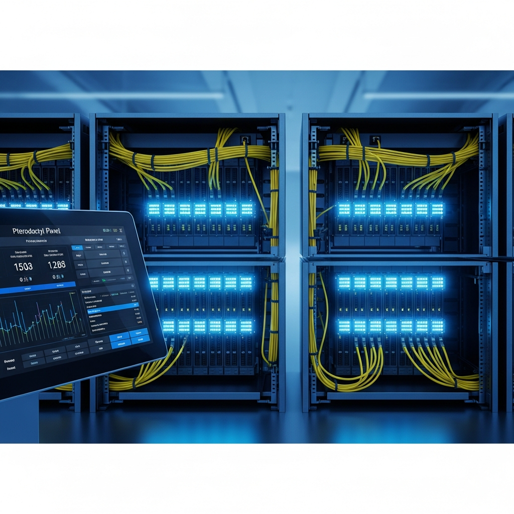 Vue en coupe d'un datacenter moderne avec racks de serveurs illuminés en bleu, câbles réseau jaunes, et interface de panneau de contrôle Pterodactyl affichée sur écran tactile au premier plan, ambiance technologique froide et professionnelle
