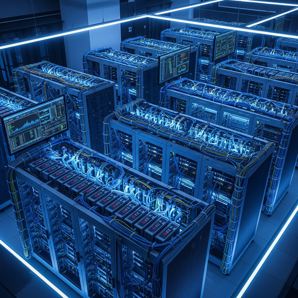 Vue en plongée photoréaliste d'une salle serveur moderne avec plusieurs racks contenant des processeurs AMD Ryzen 9 7950X3D illuminés en bleu, câbles réseau organisés, écrans affichant des statistiques de performances en temps réel, ambiance technologique professionnelle avec éclairage LED froid