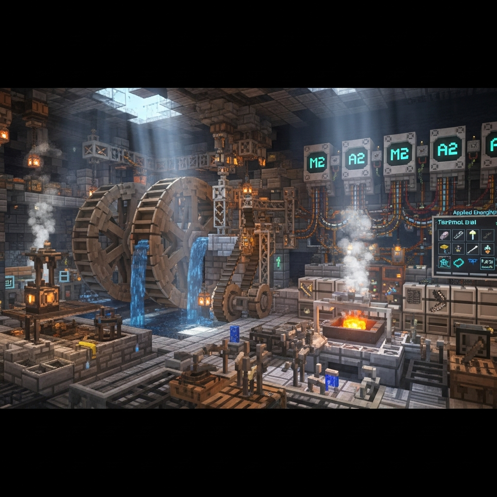 Vue immersive en jeu d'un atelier Minecraft moddé combinant machines Create avec roues hydrauliques animées, réseau Applied Energistics 2 avec ME Drives illuminés, et forge Tinkers Construct avec métal en fusion, rendu photoréaliste avec shaders haute qualité, éclairage volumétrique et particules détaillées