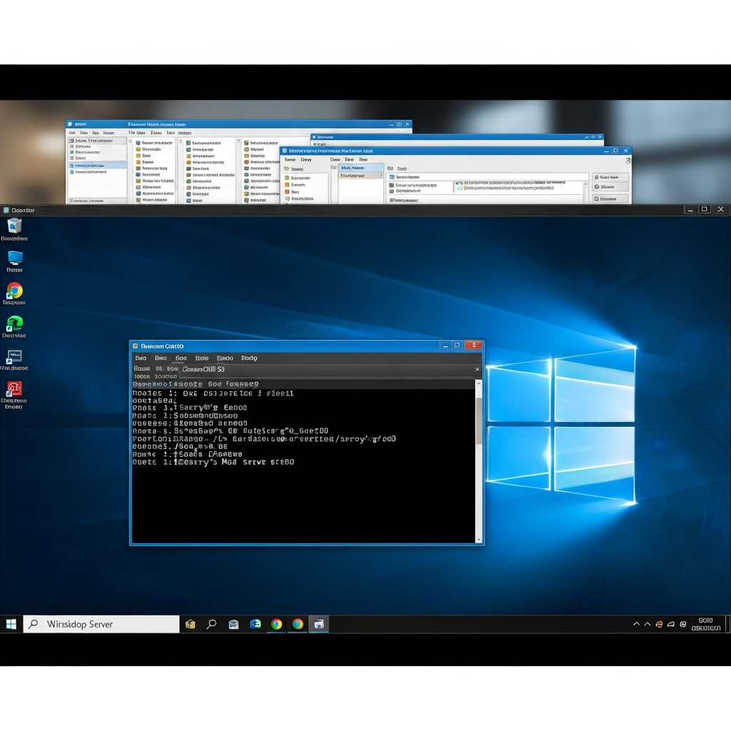 Vue photoréaliste d'un bureau Windows Server affichant le bureau à distance RDP avec SteamCMD en cours d'exécution, téléchargeant les fichiers du serveur Garry's Mod, fenêtres de configuration réseau ouvertes en arrière-plan