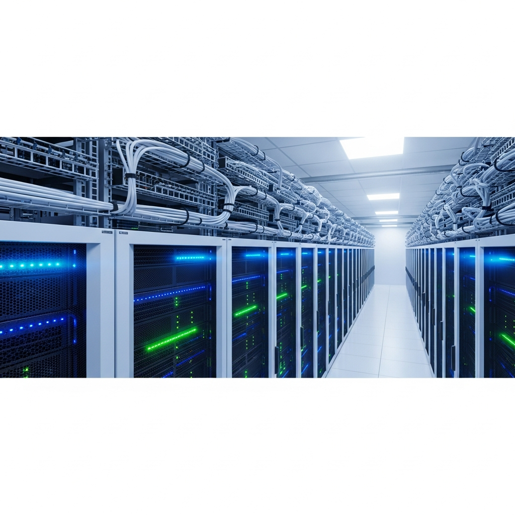 Vue photoréaliste d'un data center moderne avec rangées de serveurs rack montés, LED bleues et vertes clignotantes, câbles réseau organisés, éclairage blanc froid professionnel, perspective en profondeur montrant l'infrastructure technologique
