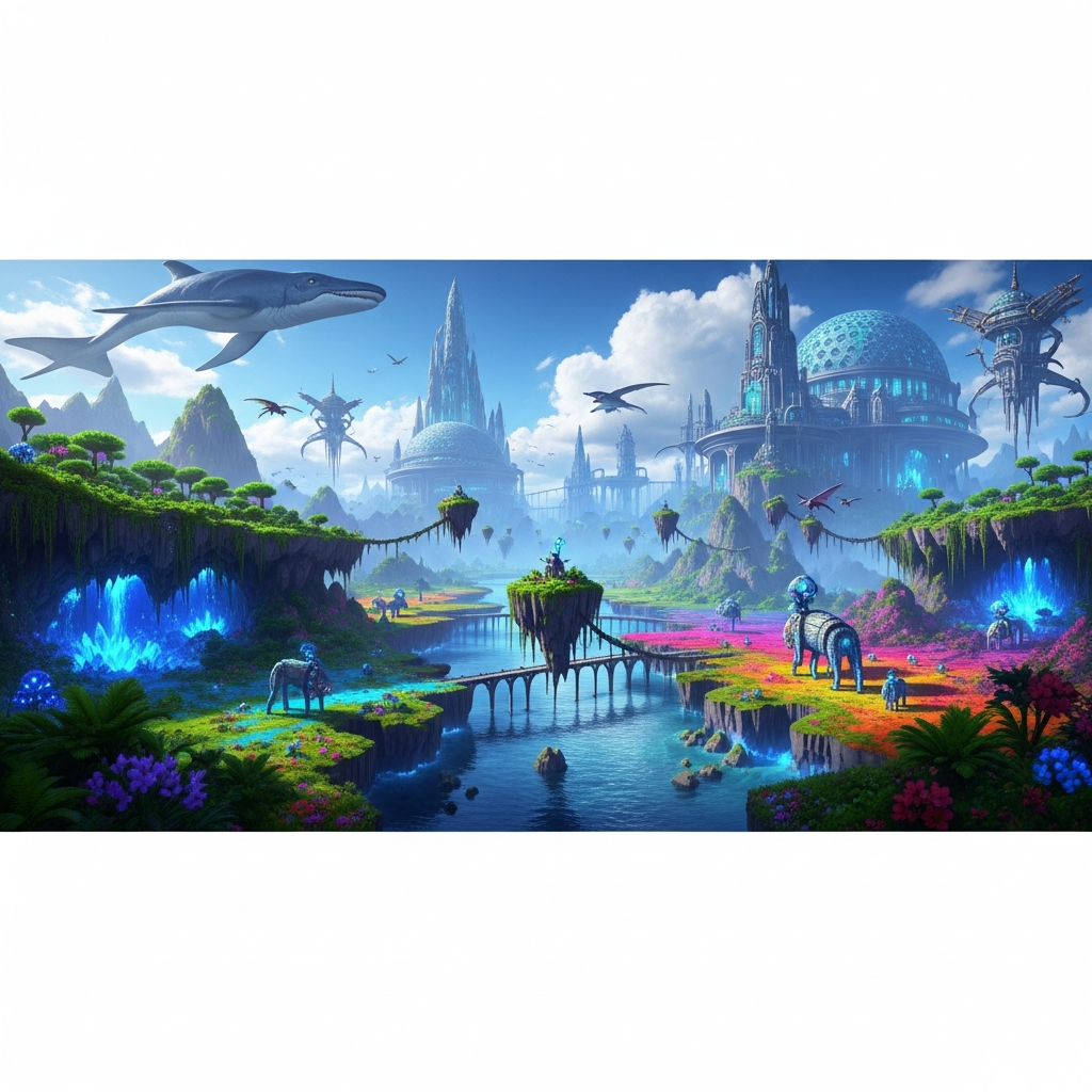 Vue photoréaliste d'un paysage Minecraft moddé spectaculaire en 2025 avec des biomes fantastiques colorés, des structures générées procéduralement géantes et des créatures inédites, capturé avec des shaders haute définition