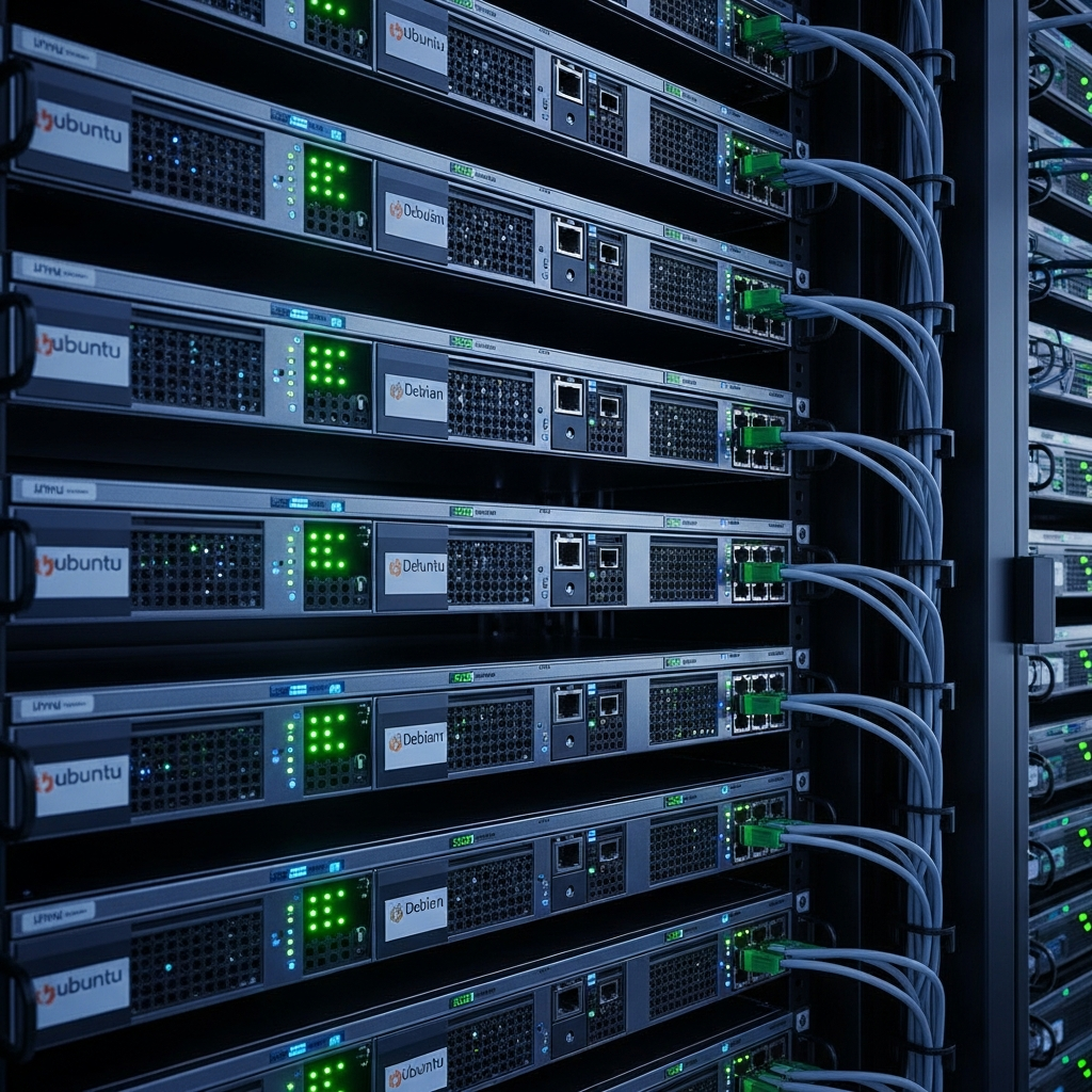 Vue photoréaliste en gros plan d'un rack de serveurs dans un datacenter moderne, avec plusieurs serveurs Linux affichant des LED vertes et bleues clignotantes, câbles réseaux catégorie 8 soigneusement rangés, étiquettes Ubuntu et Debian visibles sur les façades, éclairage professionnel froid, reflets métalliques sur les châssis noirs