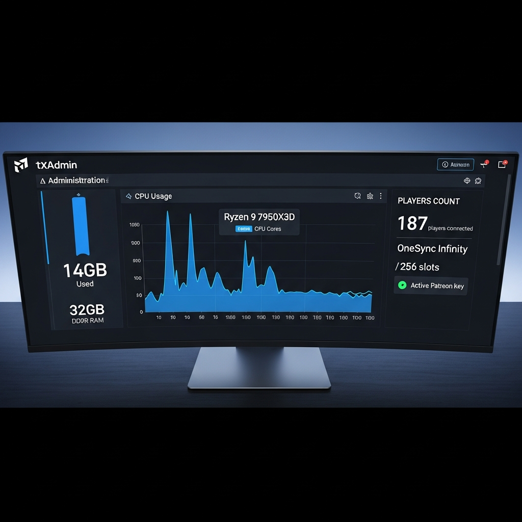 Vue photoréaliste en plongée d'un tableau de bord d'administration FiveM txAdmin moderne, affichant les indicateurs de performance en temps réel avec graphiques de CPU usage montrant 16 cœurs du Ryzen 9 7950X3D, jauge de RAM DDR5 à 14 Go sur 32 Go utilisés, 187 joueurs connectés sur 256 slots OneSync Infinity, indicateur vert pour clé Patreon active, thème sombre avec accents bleus