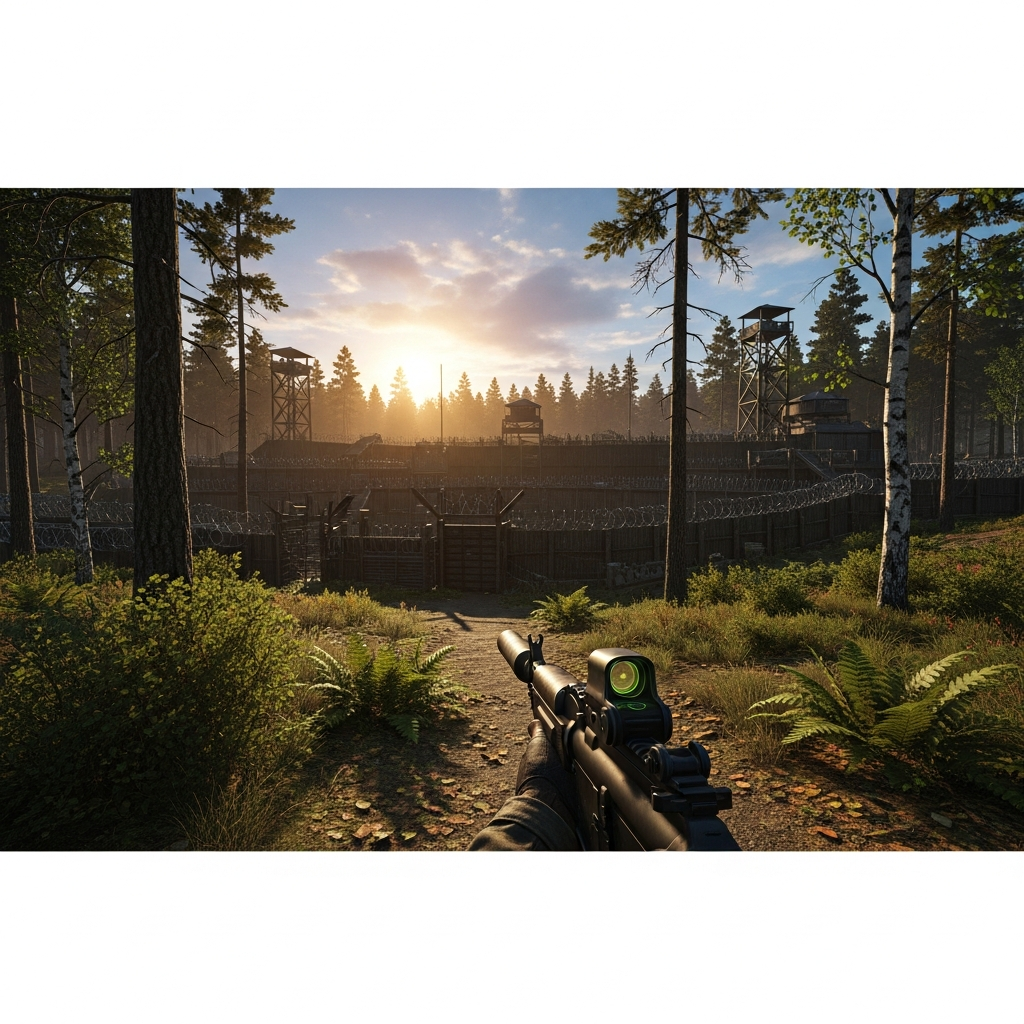 Vue photoréaliste en première personne d'un joueur DayZ équipé d'un fusil d'assaut, marchant vers une base fortifiée construite avec des mods de construction avancés, éclairage crépusculaire doré, environnement forestier détaillé de Chernarus