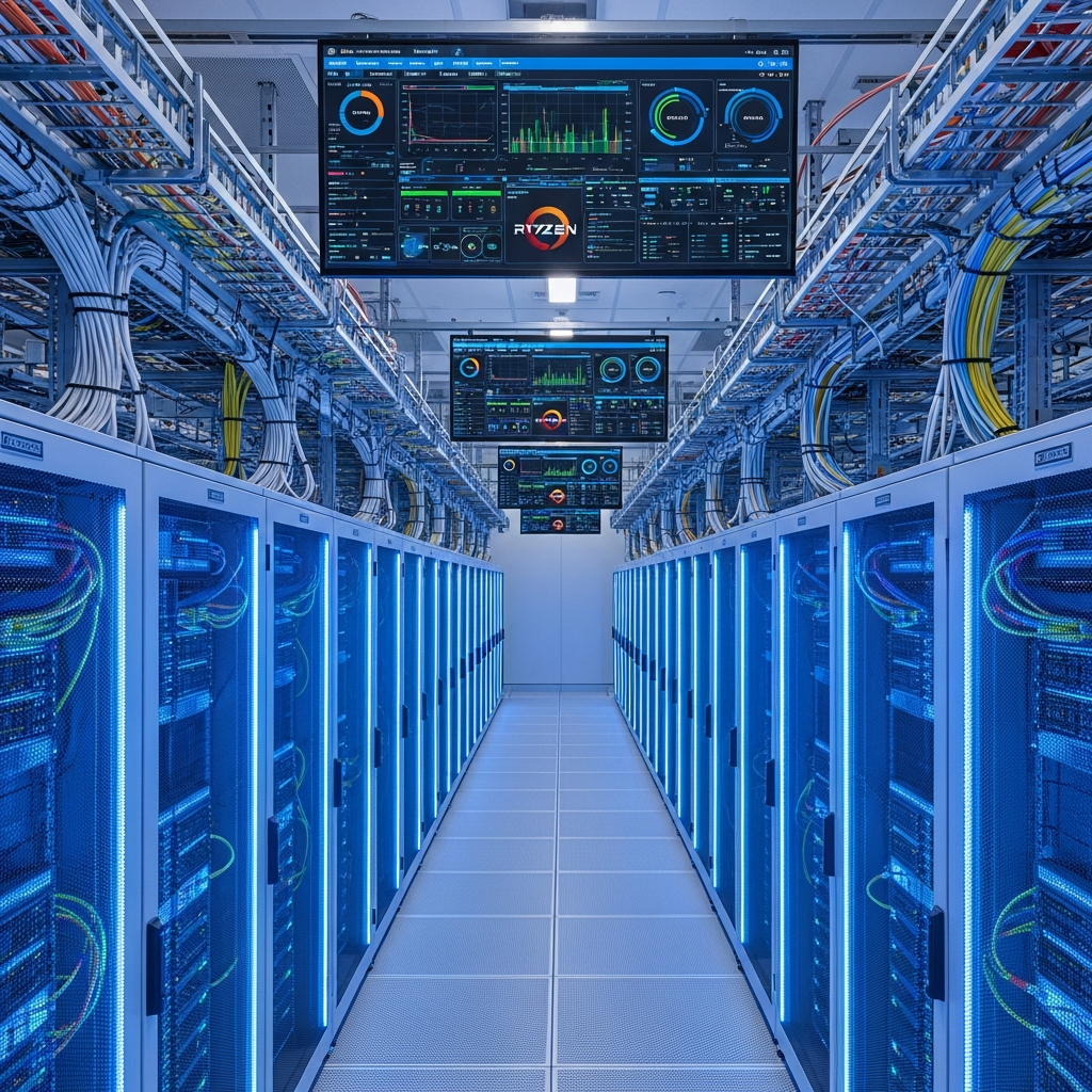 Vue professionnelle d'un datacenter moderne avec des rangées de serveurs équipés de processeurs AMD Ryzen 9 7950X3D, éclairage bleu LED, câbles réseau organisés, affichage de tableaux de bord de monitoring en temps réel sur des écrans muraux