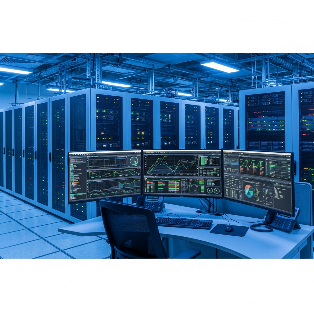 Weitwinkelige fotorealistische Aufnahme eines modernen Rechenzentrums mit Reihen von beleuchteten Server-Racks, im Vordergrund ein Arbeitsplatz mit mehreren Monitoren, die Netzwerk-Traffic-Grafiken und Socket-Statistiken in Echtzeit anzeigen, professionelle Beleuchtung mit blauen Akzenten